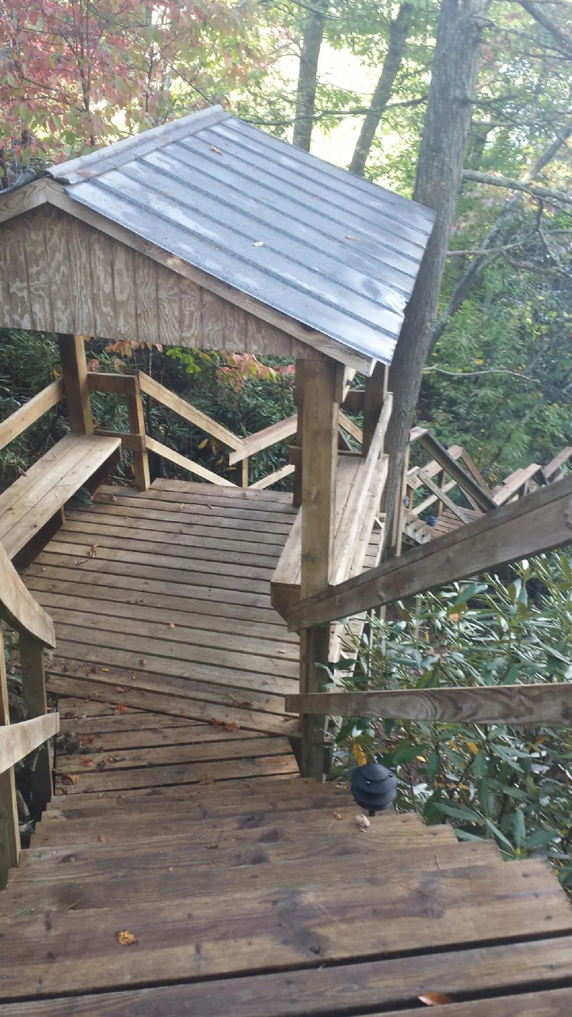 Metal roofed shelter over wooden steps on a wooded walkway — Skylight Repair & Installation work by our crew in Oronoco